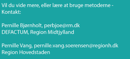 Grøn boks med kontaktoplysninger på henholdsvis Pernille Bjørnholt, DEFACTUM, perbjoe@rm.dk og Pernille Vang, Region Hovedstaden, pernille.vang.soerensen@regionh.dk.